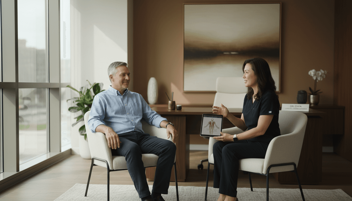 Surgeon consulting with patient in private clinic consultation room