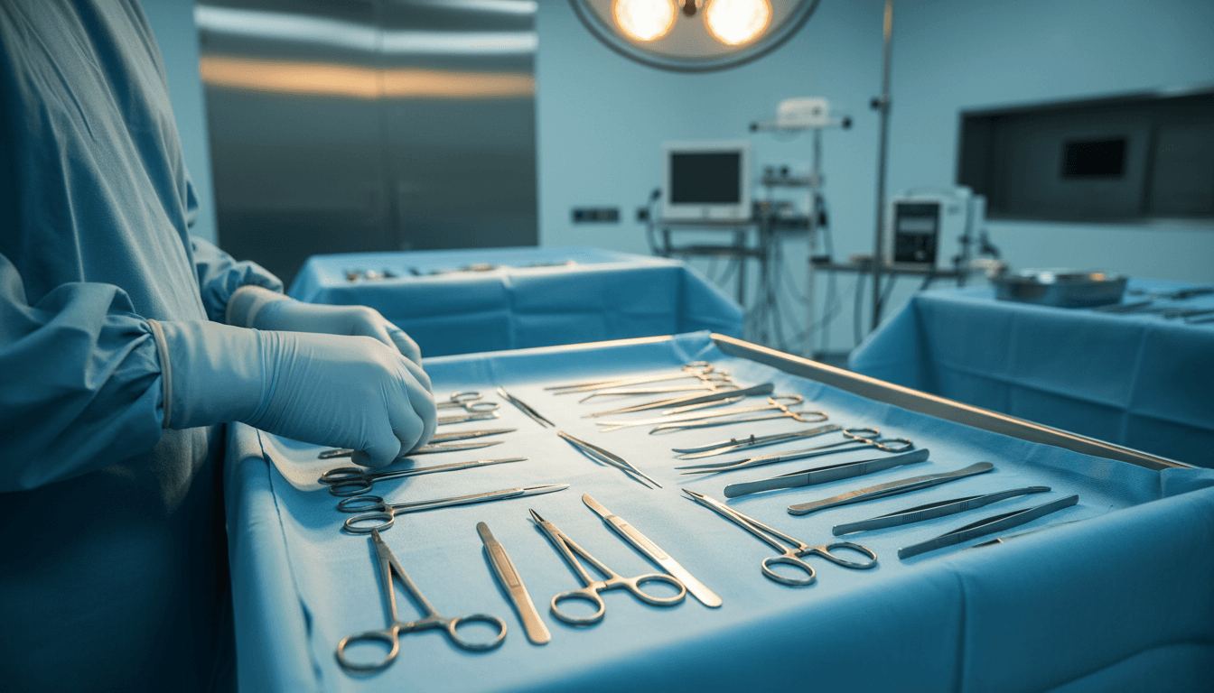 Surgical instruments arranged on sterile tray in modern operating room
