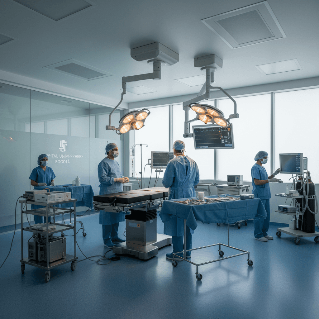 Modern hospital operating room in Bogotá with advanced surgical equipment and safety infrastructure