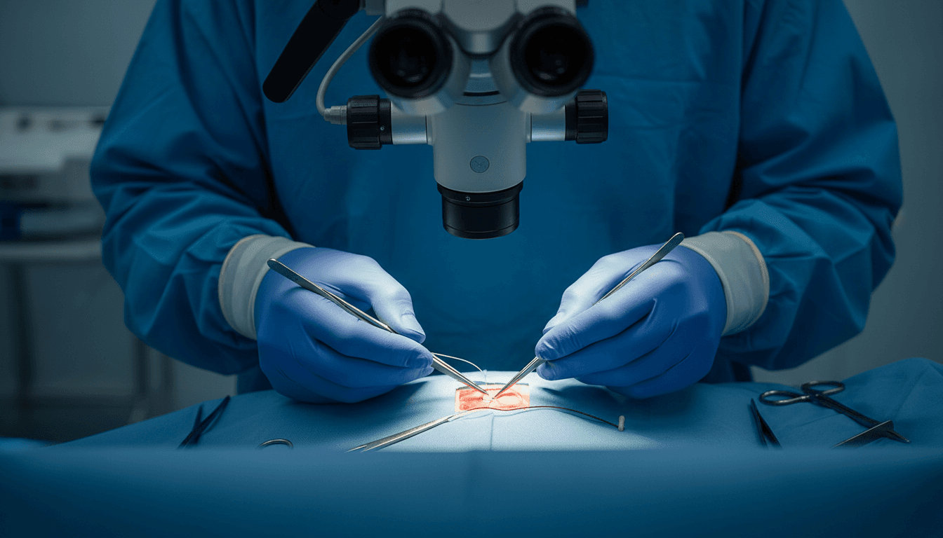 Experienced surgeon's hands performing precision microsurgical technique
