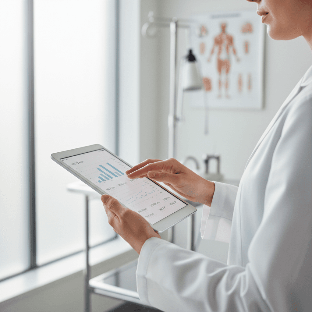 Female physician reviewing digital tablet with patient data during clinical consultation in modern examination room
